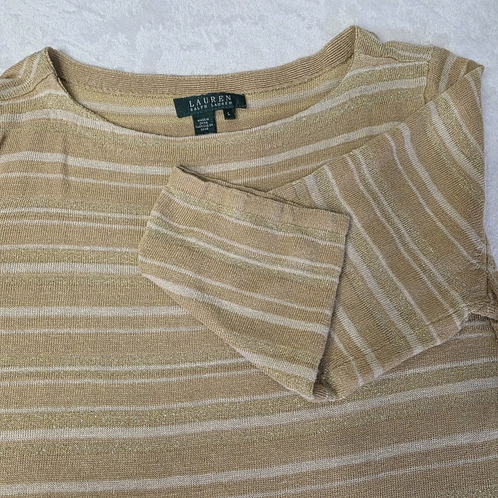 Lauren Ralph Lauren Womens Large Khaki Gold Metallic Silk Linen Blend Knit Shirt